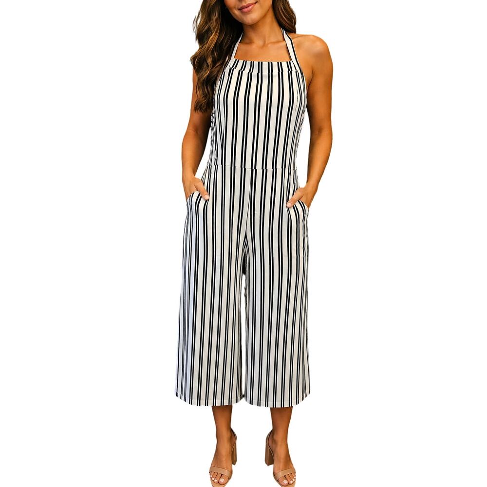 LARGE black white striped halter cropped leg jumper wide leg w/ pockets EUC